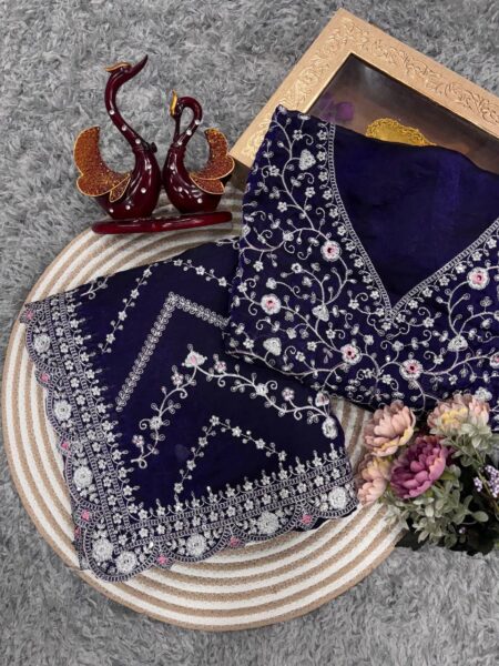 Royal Blue Embroidered Blouse Piece with Intricate Mirror, Sequin & Floral Threadwork β Ready-to-Stitch Fabric for Sarees & Festive Ethnic Wear