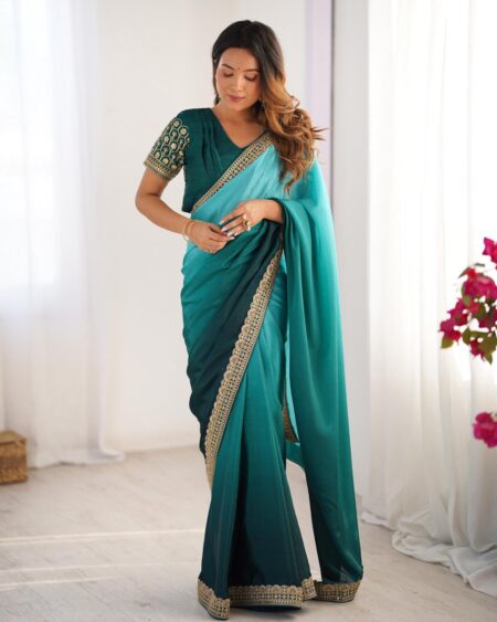 Women's Elegant Ombre Green Georgette Saree with Intricate Golden Zari & Stone Embellishments β Complete with Heavily Worked Blouse for Festive & Wedding Wear