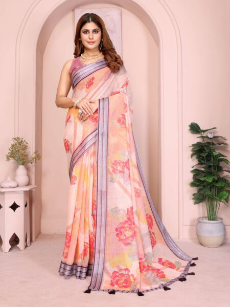 Peach Linen Cotton Saree with Vibrant Floral Prints & Striped Tassel Border