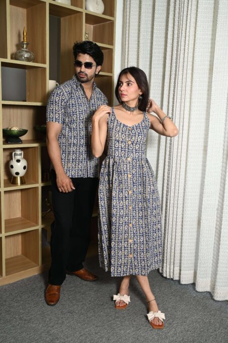 Couple Matching Outfit ? Blue Cotton Printed Midi Dress & Shirt Set, Casual Summer Wear