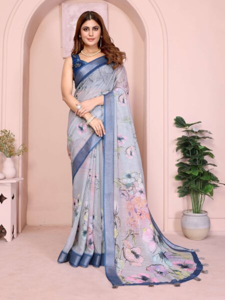 Elegant Steel Blue Linen Cotton Saree with Pastel Floral Prints & Tassel Border