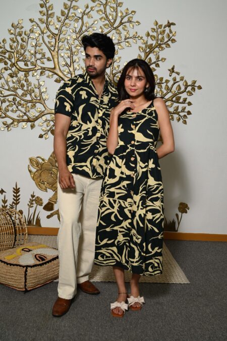 Couple Matching Outfit ? Black Cotton Printed Midi Dress & Shirt Set, Summer Casual Wear