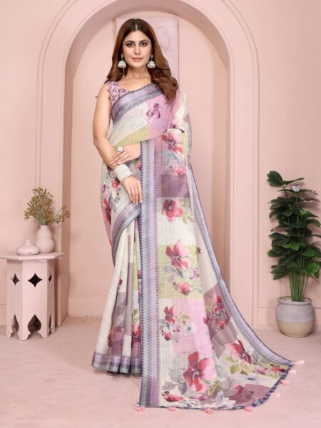Pastel Multi-Tone Linen Cotton Saree with Artistic Floral Prints & Violet Tassel Border