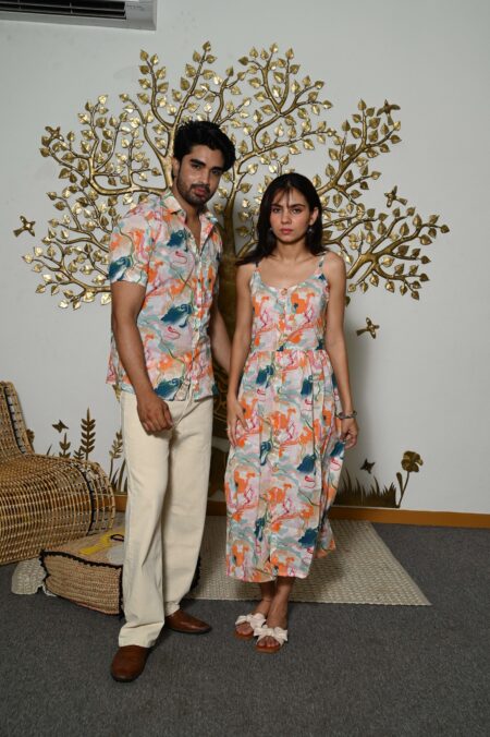 Couple Matching Outfit ? Multi-color Cotton Printed Midi Dress & Shirt Set, Summer Casual Wear