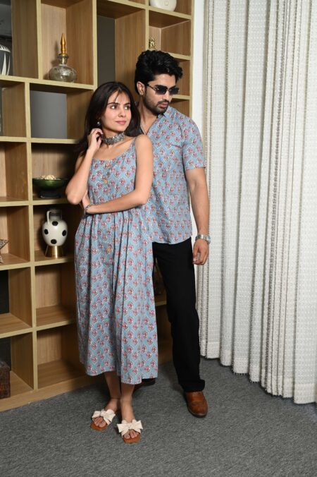 Couple Matching Outfit ? Blue Cotton Printed Midi Dress & Shirt Set, Casual Summer Wear