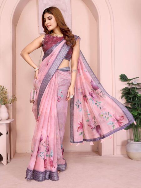 Soft Pink Linen Cotton Saree with Pastel Floral Prints & Navy Tassel Border