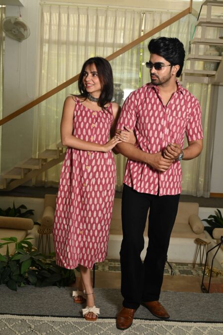 Couple Matching Outfit ? Maroon Cotton Printed Midi Dress & Shirt Set, Stylish Summer Wear