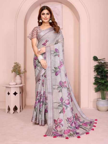 Soft Grey Linen Cotton Saree with Purple Floral Prints & Striped Tassel Border