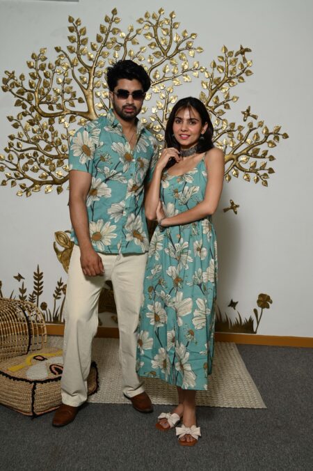 Couple Matching Outfit ? Teal-Blue Cotton Floral Printed Midi Dress & Shirt Set, Summer Casual Wear