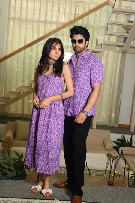 Couple Matching Outfit ? Purple Cotton Printed Midi Dress & Shirt Set, Stylish Summer Wear