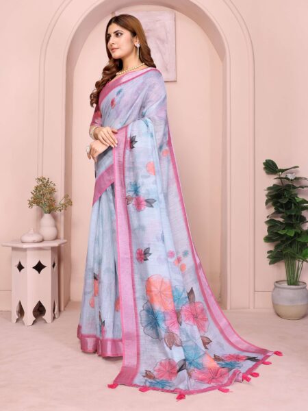 Sky Blue Linen Cotton Saree with Pastel Floral Prints & Pink Tassel Border