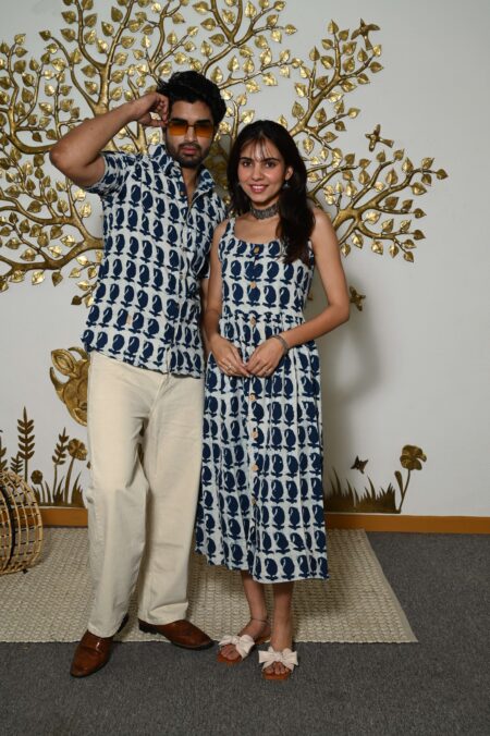 Couple Matching Outfit ? White Blue Cotton Printed Midi Dress & Shirt Set, Summer Casual Wear