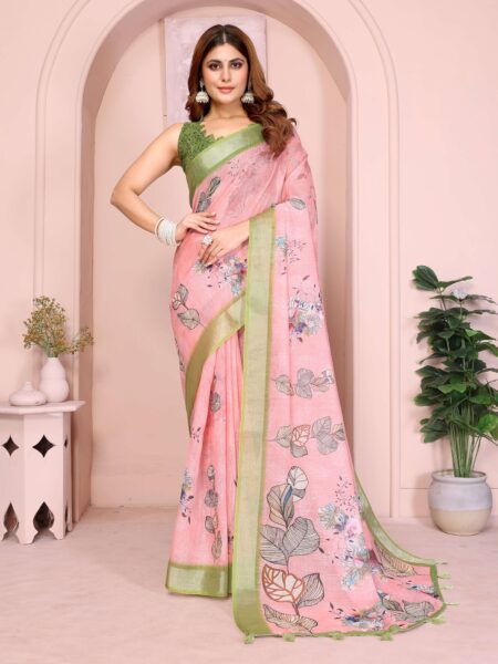 Graceful Pastel Pink Linen Cotton Saree with Multicolor Floral Prints & Green Tassel Border
