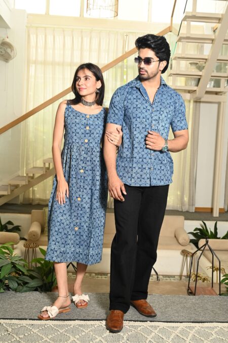 Couple Matching Outfit ? Blue Cotton Floral Printed Midi Dress & Shirt Set, Casual Summer Wear