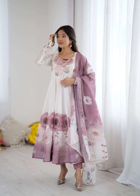 Womens Pure Romansilk Chanderi Floral Printed Anarkali Kurti With Dupatta & Pant Set