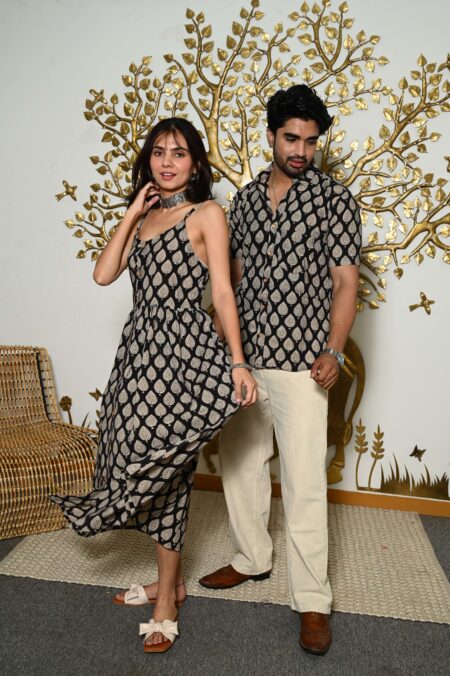 Couple Matching Outfit ? Black Cotton Printed Midi Dress & Shirt Set, Summer Casual Wear