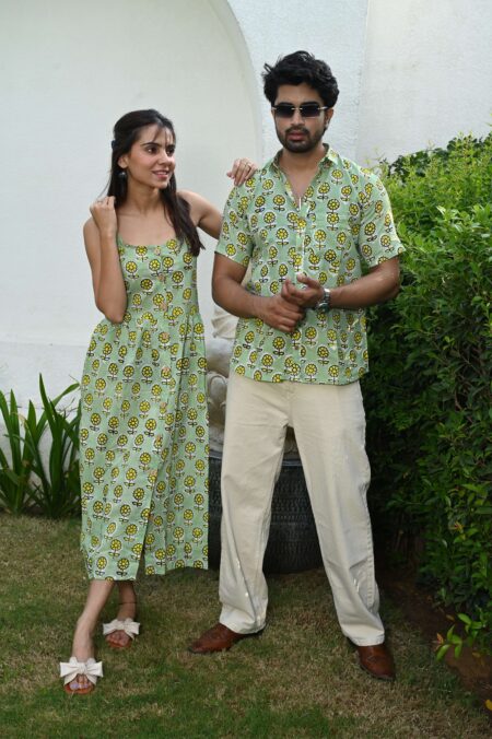 Couple Matching Outfit ? Light Green Cotton Printed Midi Dress & Shirt Set, Summer Casual Wear